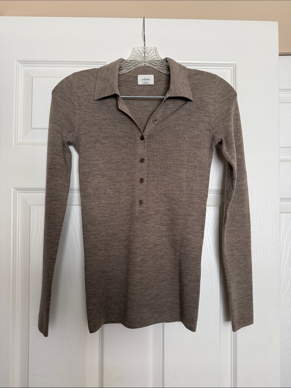 Aritzia Wilfred Nomad Taupe Clarette Merino Wool Polo Sweater XS
